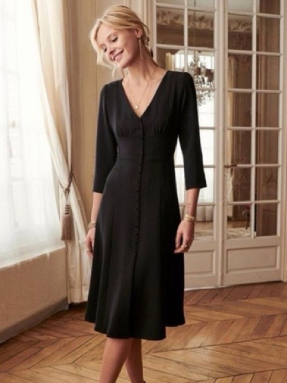 Sezane Button Front Black Dress